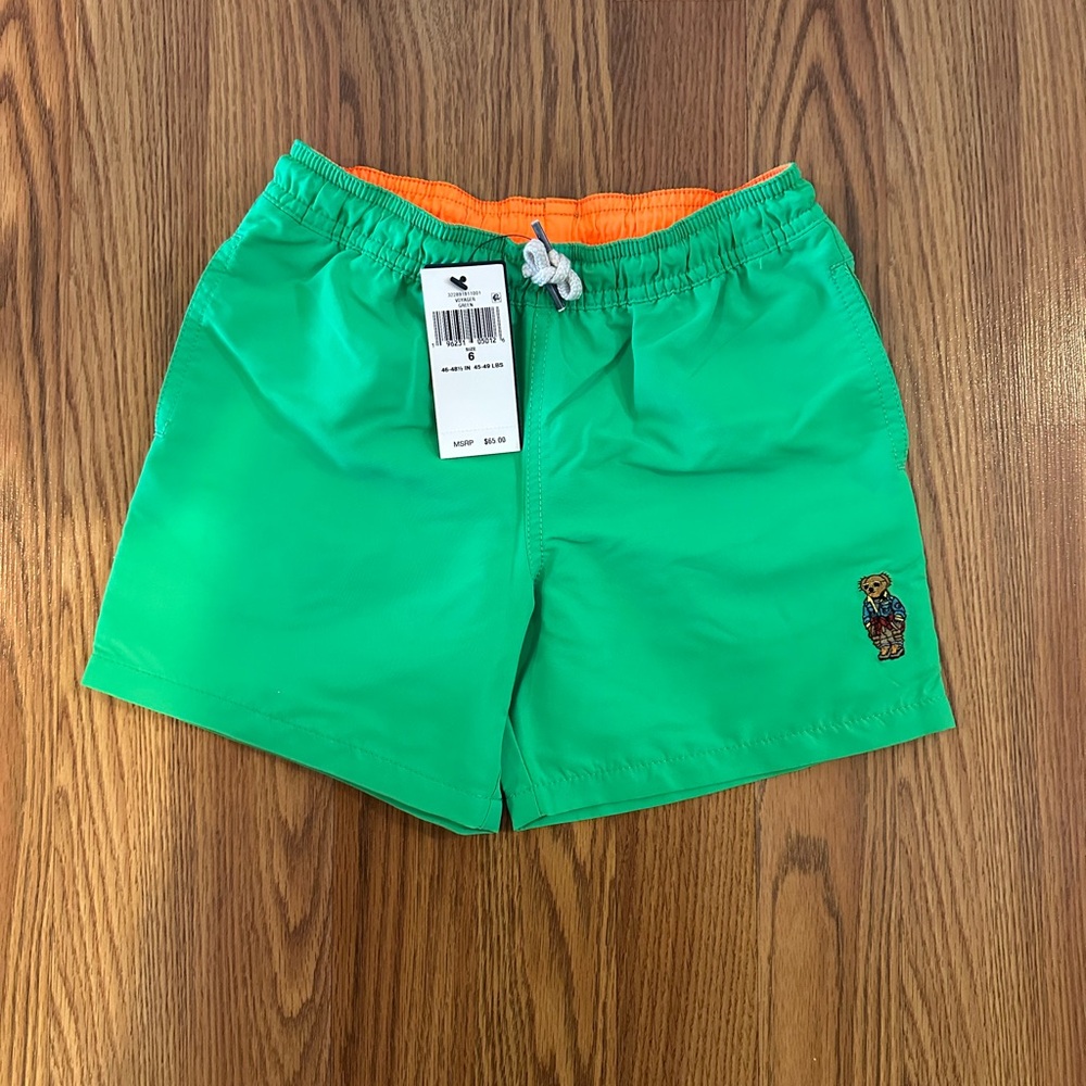 Polo Ralph Lauren Swim Shorts Boys Neon Green Embroidered Bear Size 6